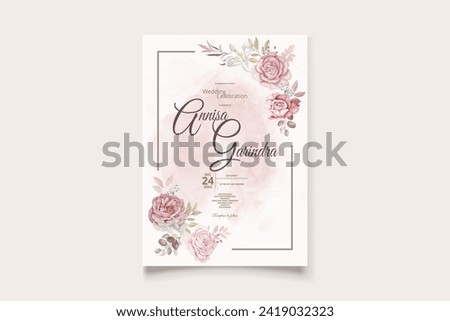 wedding invitation template set with brown and dusty floral frame watercolor background Premium Vector