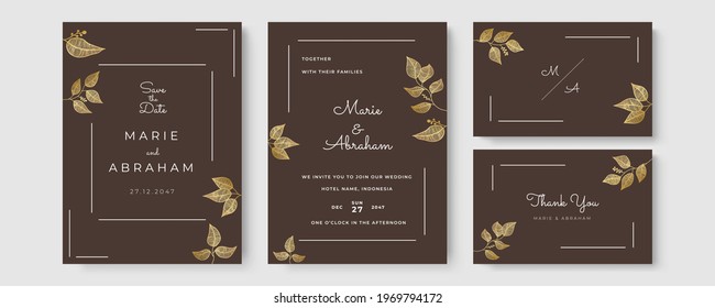 Wedding invitation template. Set of card with foliage line art, botanical leaves. Wedding ornament concept. Floral poster, invite. Vector decorative greeting card or invitation design background