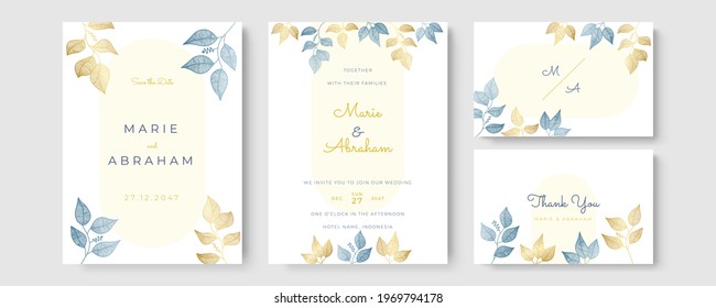 Wedding invitation template. Set of card with foliage line art, botanical leaves. Wedding ornament concept. Floral poster, invite. Vector decorative greeting card or invitation design background
