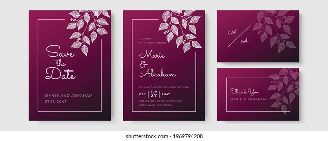 Wedding invitation template. Set of card with foliage line art, botanical leaves. Wedding ornament concept. Floral poster, invite. Vector decorative greeting card or invitation design background
