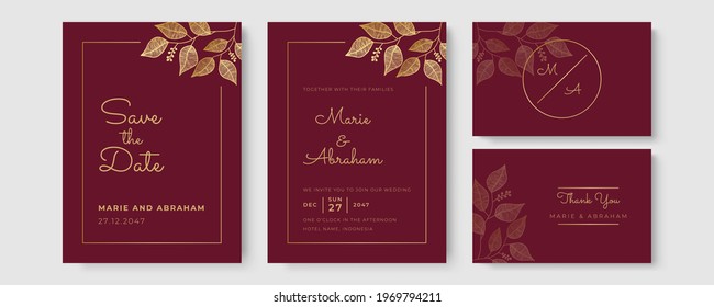 Wedding invitation template. Set of card with foliage line art, botanical leaves. Wedding ornament concept. Floral poster, invite. Vector decorative greeting card or invitation design background