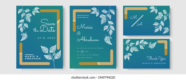 Wedding invitation template. Set of card with foliage line art, botanical leaves. Wedding ornament concept. Floral poster, invite. Vector decorative greeting card or invitation design background