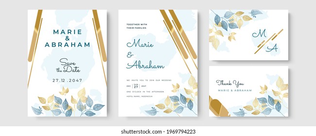 Wedding invitation template. Set of card with foliage line art, botanical leaves. Wedding ornament concept. Floral poster, invite. Vector decorative greeting card or invitation design background
