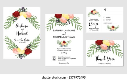Wedding invitation template set with colorful french marigold flower bouquet, white background.
