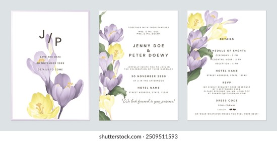 Wedding invitation template set, colorful Crocus flowers on white background