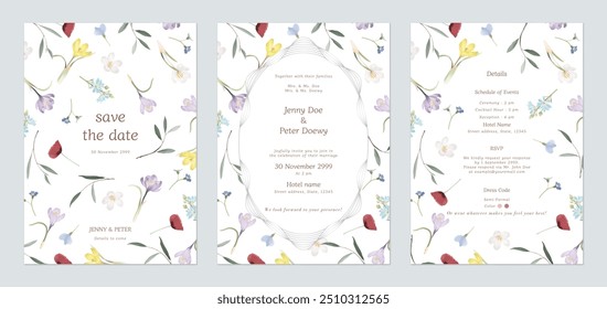 Wedding invitation template set, colorful flowers pattern on white background