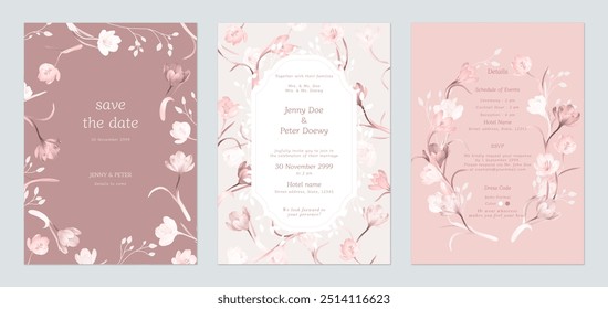 Wedding invitation template set, Crocus flowers pattern in red and white tones