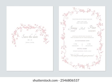 Wedding invitation template set of delicate pink flowers and vines on a white background, creating a romantic and vintage feel