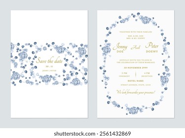 Wedding invitation template set of delicate blue flowers and vines on a white background, creating a romantic and vintage feel