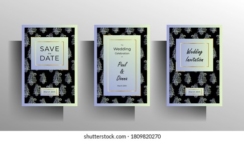Wedding invitation template set. Design with hand drawn floral pattern. EPS vector 10.