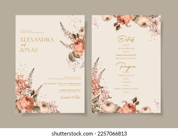 Plantilla de invitación a la boda con decoración de flores secas y hojas