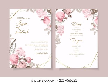 Plantilla de invitación a la boda con decoración de flores y hojas rosadas polvorientas
