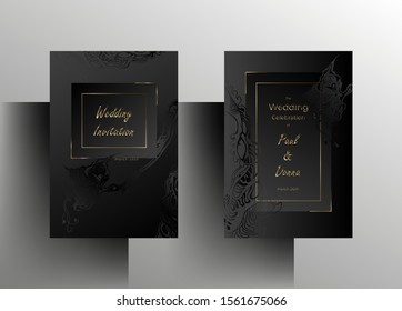 Wedding invitation template set. Elegant, simple design in black and graphite color with hand-painted floral elements and gold frames. A4 format. Vector 10 EPS.