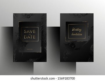 Wedding invitation template set. Elegant, simple design in black and graphite color with hand-painted floral elements and gold frames. A4 format. Vector 10 EPS.