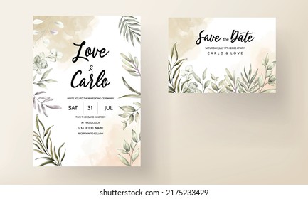 wedding invitation template set with elegant leaves