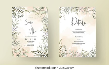 wedding invitation template set with elegant leaves