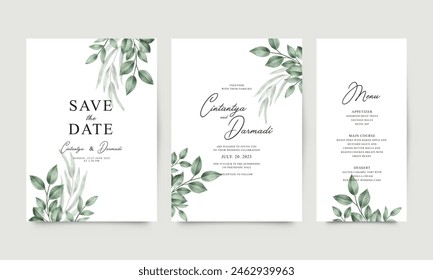 Wedding invitation template set with elegant green leaves