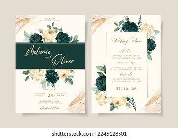 Plantilla de invitación a bodas con floral verde esmeralda y decoración de hojas