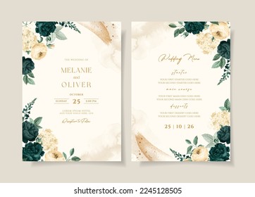 Wedding invitation template set with emerald green floral and leaves decoration