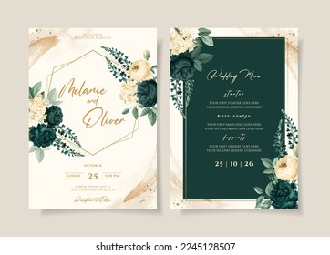 Plantilla de invitación a bodas con floral verde esmeralda y decoración de hojas
