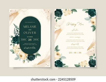 Plantilla de invitación a bodas con floral verde esmeralda y decoración de hojas