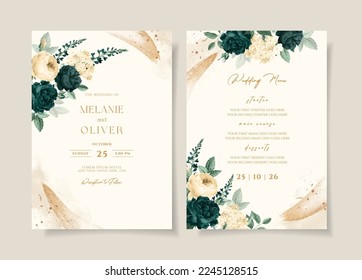 Wedding invitation template set with emerald green floral and leaves decoration