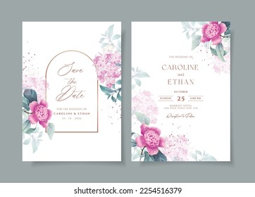 Wedding invitation template set with emerald beautiful floral and leaves decoration