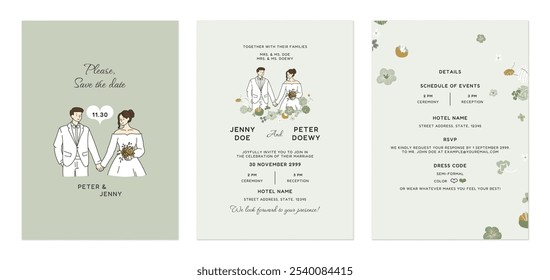 Wedding invitation template set feature simple line drawings of the wedding couple along with subtle floral in shades of green