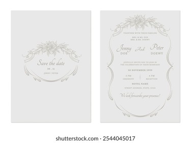 Wedding invitation template set feature a delicate brown floral border with intricate details on a gray background, creating a romantic and timeless feel