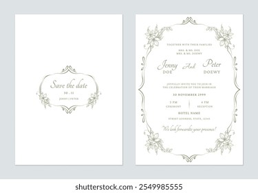 Conjunto de Plantilla de invitación de Boda con un delicado borde floral verde con detalles intrincados sobre un fondo blanco, creando una sensación romántica y atemporal