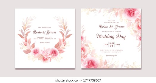 Wedding invitation template set with floral wreath and border. Roses and sakura flowers composition vector for save the date, greeting, celebration card vector