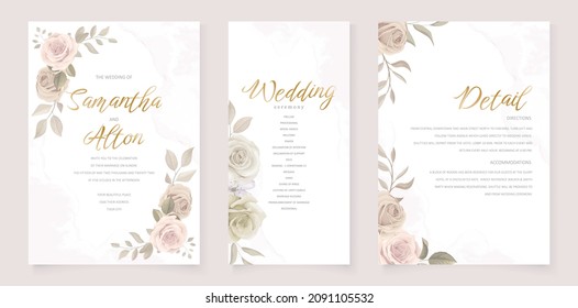 Wedding invitation template set with floral and leaves decoration