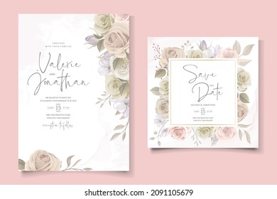 Wedding invitation template set with floral and leaves decoration