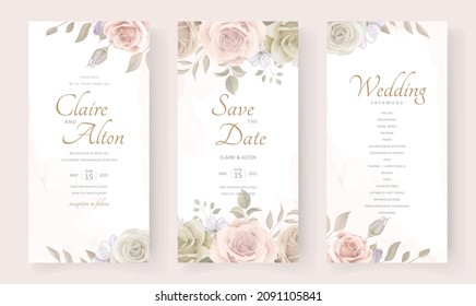 Wedding invitation template set with floral and leaves decoration