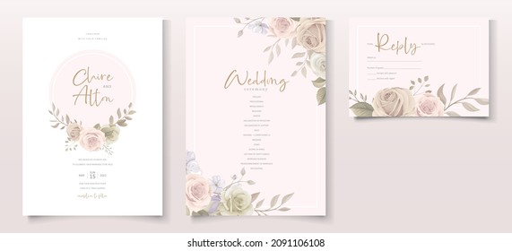 Plantilla de invitación a la boda con decoración floral y de hojas