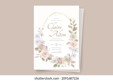 Wedding invitation template set with floral and leaves decoration