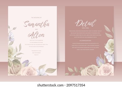 Wedding invitation template set with floral and leaves decoration