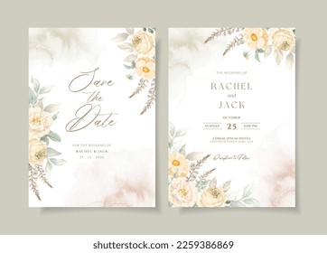 Plantilla de invitación a la boda con decoración floral y de hojas