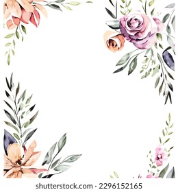 Wedding invitation template set with flower border. Pastel peach roses botanic illustration for background