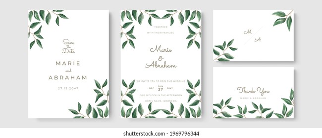 Wedding invitation template set with foliage line art. Botanical leaves hand-drawn. Floral poster, invite. Vector decorative frame, greeting card or invitation design background