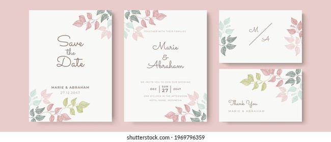 Wedding invitation template set with foliage line art. Botanical leaves hand-drawn. Floral poster, invite. Vector decorative frame, greeting card or invitation design background
