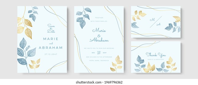 Wedding invitation template set with foliage line art. Botanical leaves hand-drawn. Floral poster, invite. Vector decorative frame, greeting card or invitation design background
