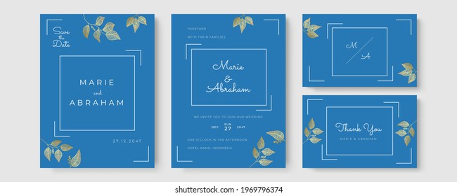 Wedding invitation template set with foliage line art. Botanical leaves hand-drawn. Floral poster, invite. Vector decorative frame, greeting card or invitation design background