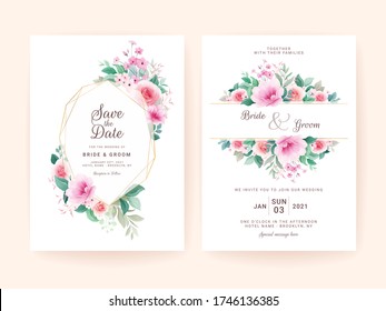 Wedding invitation template set with geometric floral frame. Roses and sakura flowers composition vector for save the date, greeting, thank you, rsvp, etc