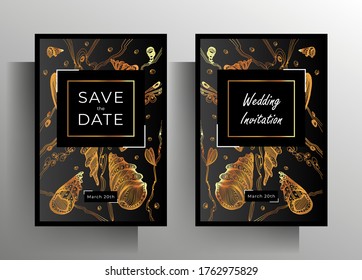 Conjunto de plantillas de invitación de boda. Los elementos gráficos dorados y negros son dibujados a mano. Vector EPS 10.