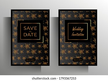 Wedding invitation template set. Gold with black design with hand drawn floral pattern. EPS vector 10.