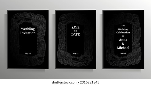 Wedding invitation template set. Graphic design with hand drawn decorative frame. Vector illustration.