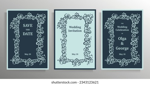 Conjunto de plantillas de invitación de boda. Diseño gráfico con marco decorativo dibujado a mano. Ilustración vectorial.