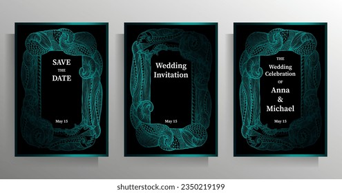 Conjunto de plantillas de invitación de boda. Diseño gráfico con marco decorativo a mano. Ilustración vectorial.