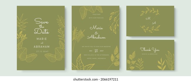 Wedding invitation template set with green line foliage floral hand-drawn ornament. Floral frame border for greeting card, banner, flier, social media sale fashion post and much more